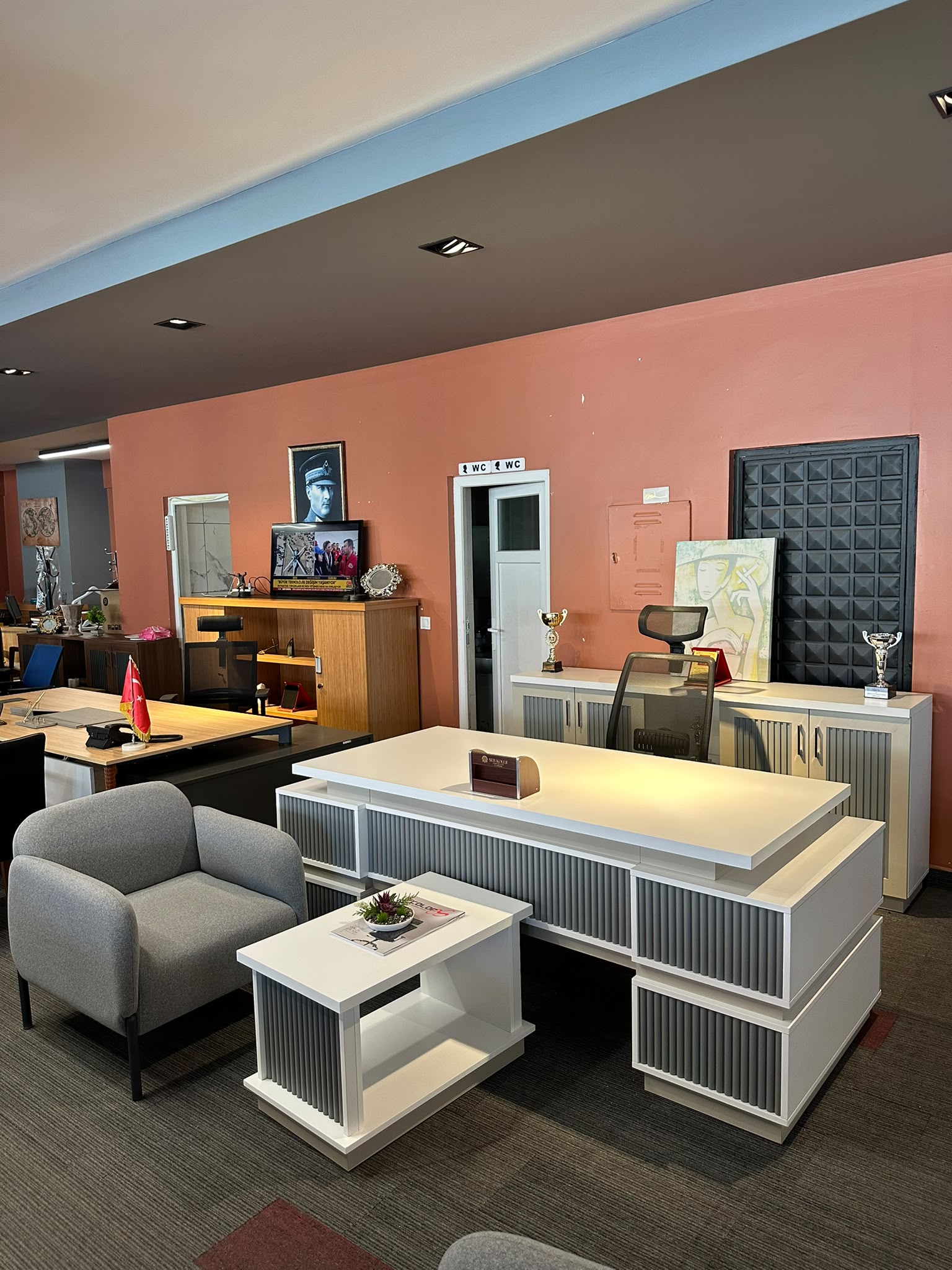 KLAS OFİS ÜSKÜDAR 85x200 cm KREM BEYAZ MÜDÜR MASA TAKIMI SIFIR - Görsel 5